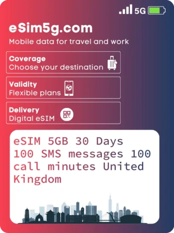Buy eSIM 5GB 30 Days 100 SMS messages 100 call minutes United Kingdom